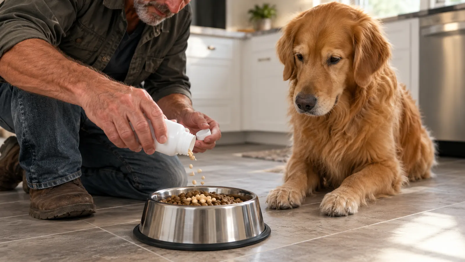 A hand placing a chew supplement on top of kibble in a stainless steel dog bowl
