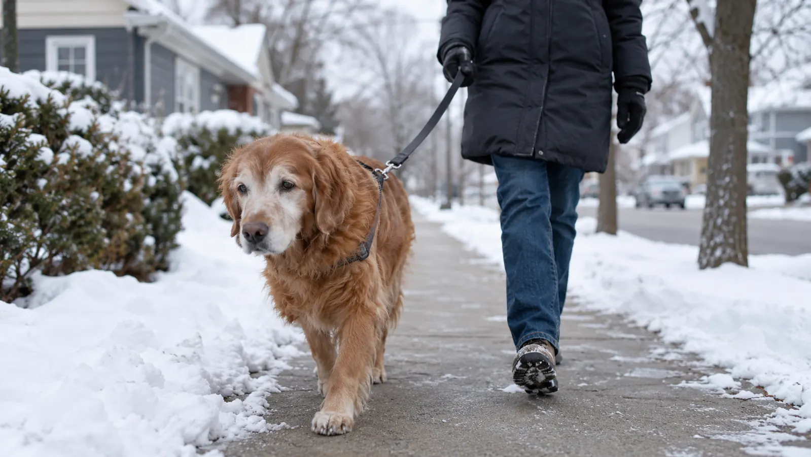 An older dog walking slowly on a leash along a snowy sidewalk with a person holding the leash