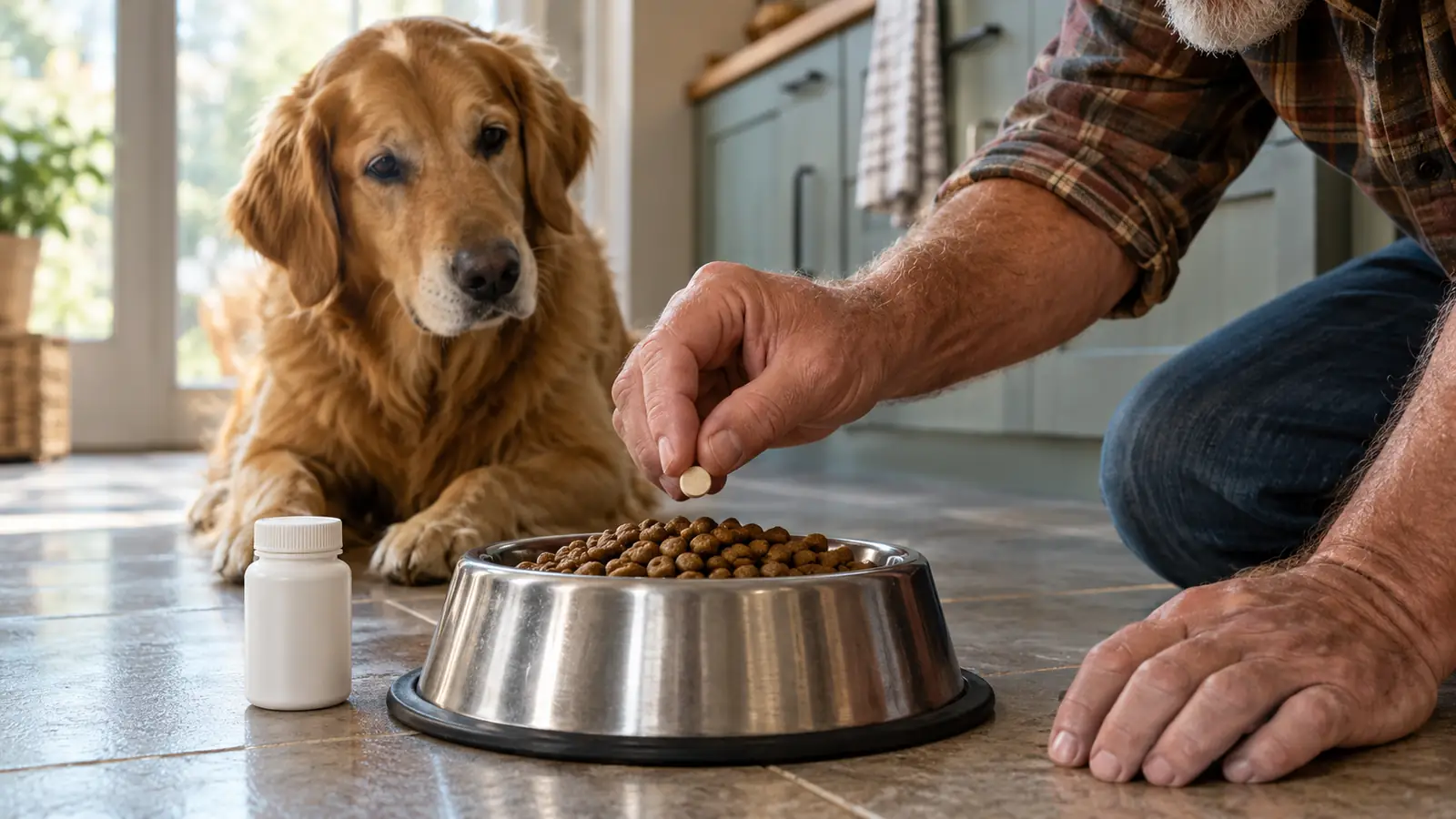 A person's hand placing a small chewable tablet on top of a dog's food in a stainless steel bowl
