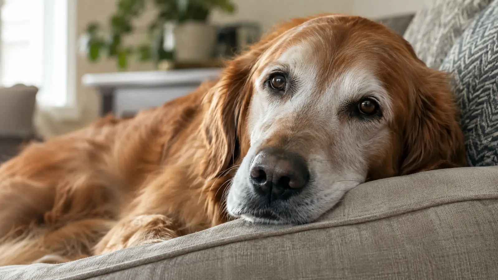 An older dog resting its head on the edge of a couch, looking relaxed after a walk