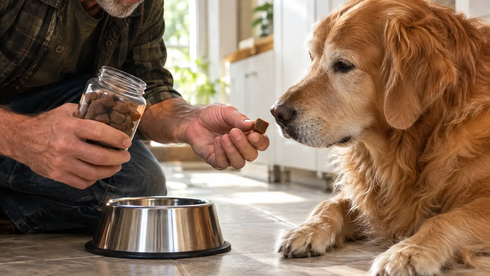 A hand offering a soft chew supplement to a large dog beside a stainless steel bowl