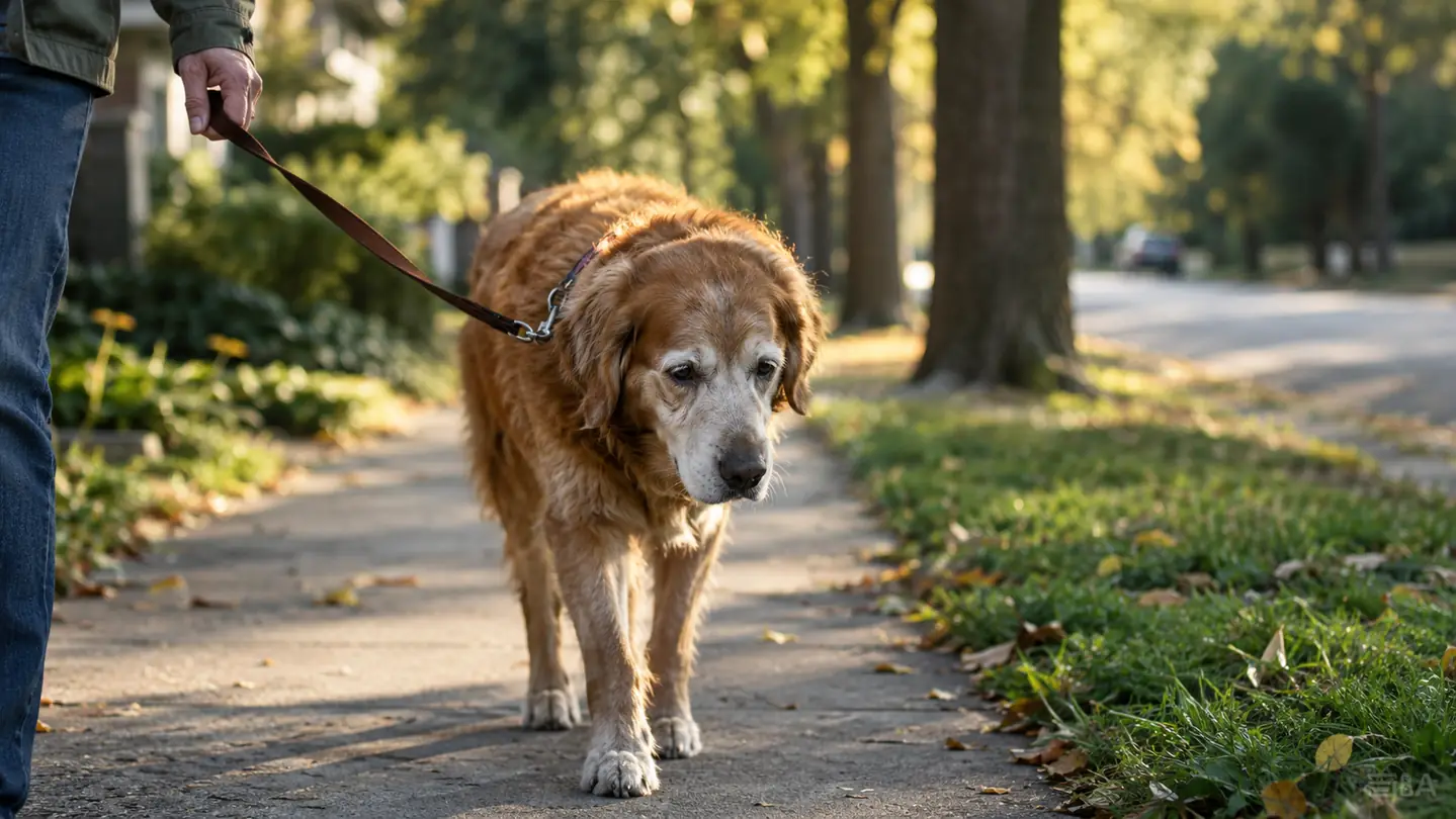 An older dog walking slowly on a leash along a tree-lined sidewalk in late afternoon light