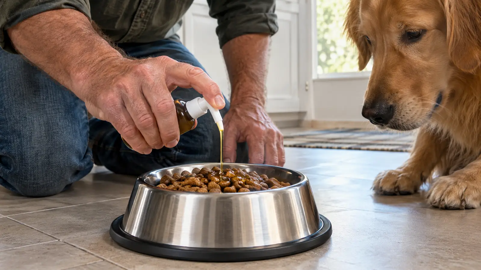 A person's hand adding a pump of liquid supplement to a dog's food bowl on a kitchen floor