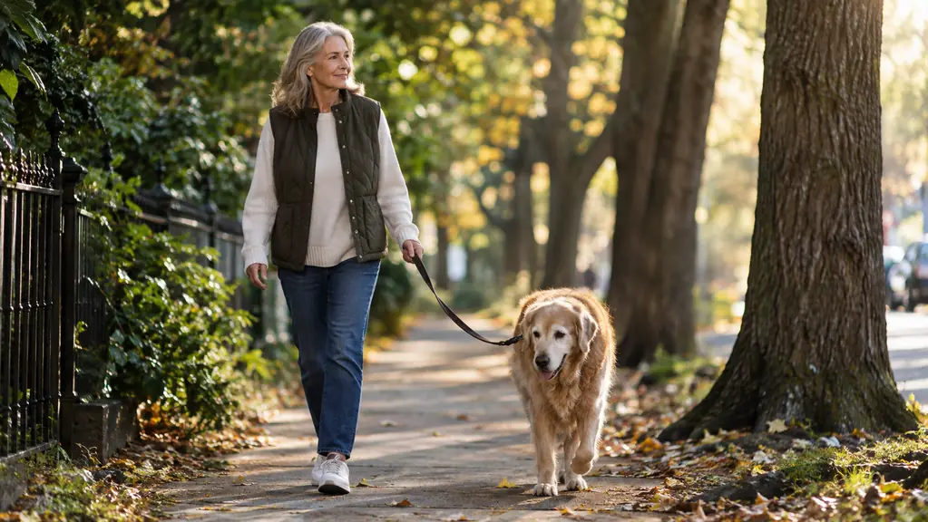 An older dog walking slowly on a leash down a tree-lined sidewalk in late afternoon light