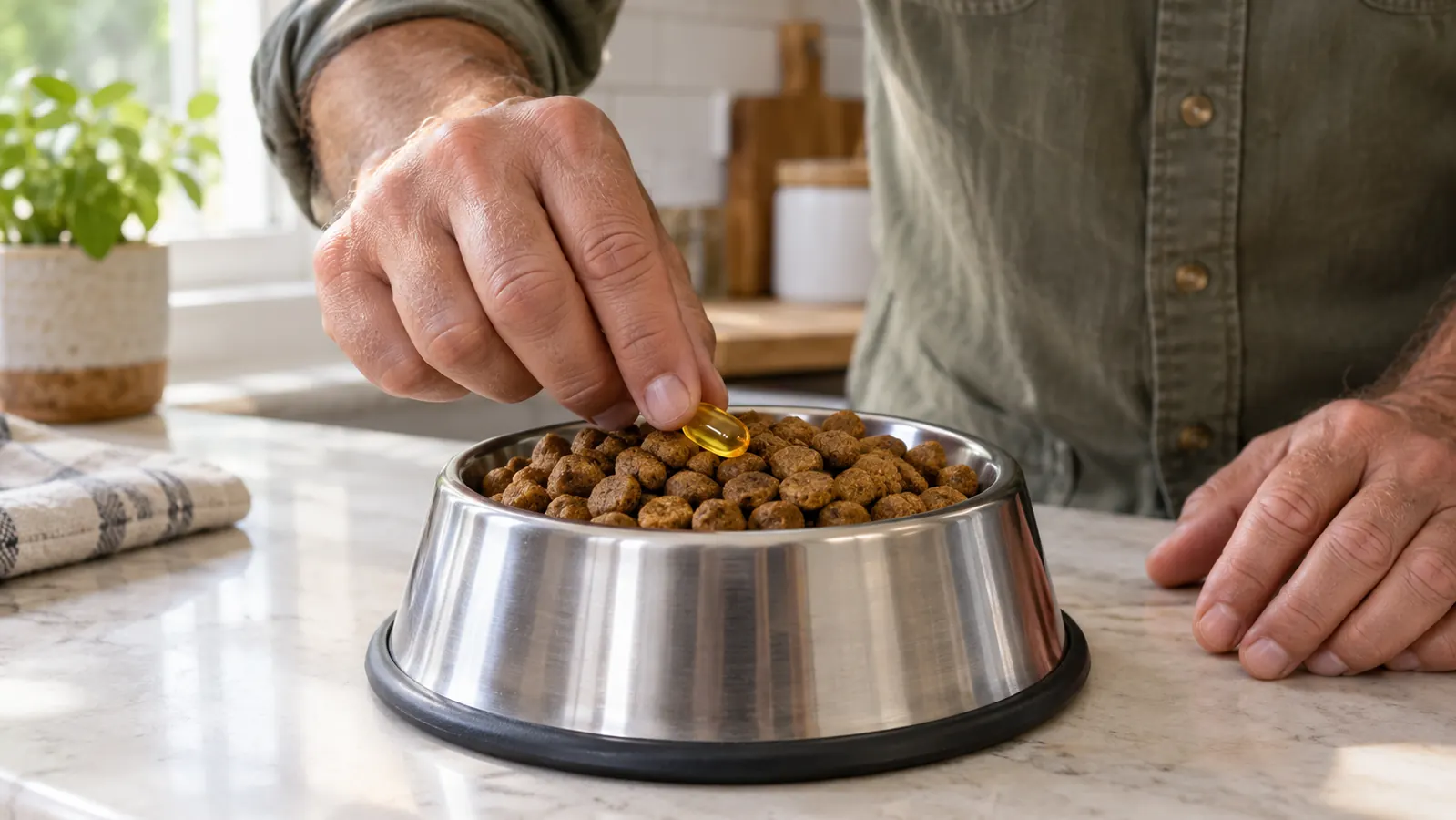 A hand placing a soft gel capsule on top of kibble in a stainless steel bowl