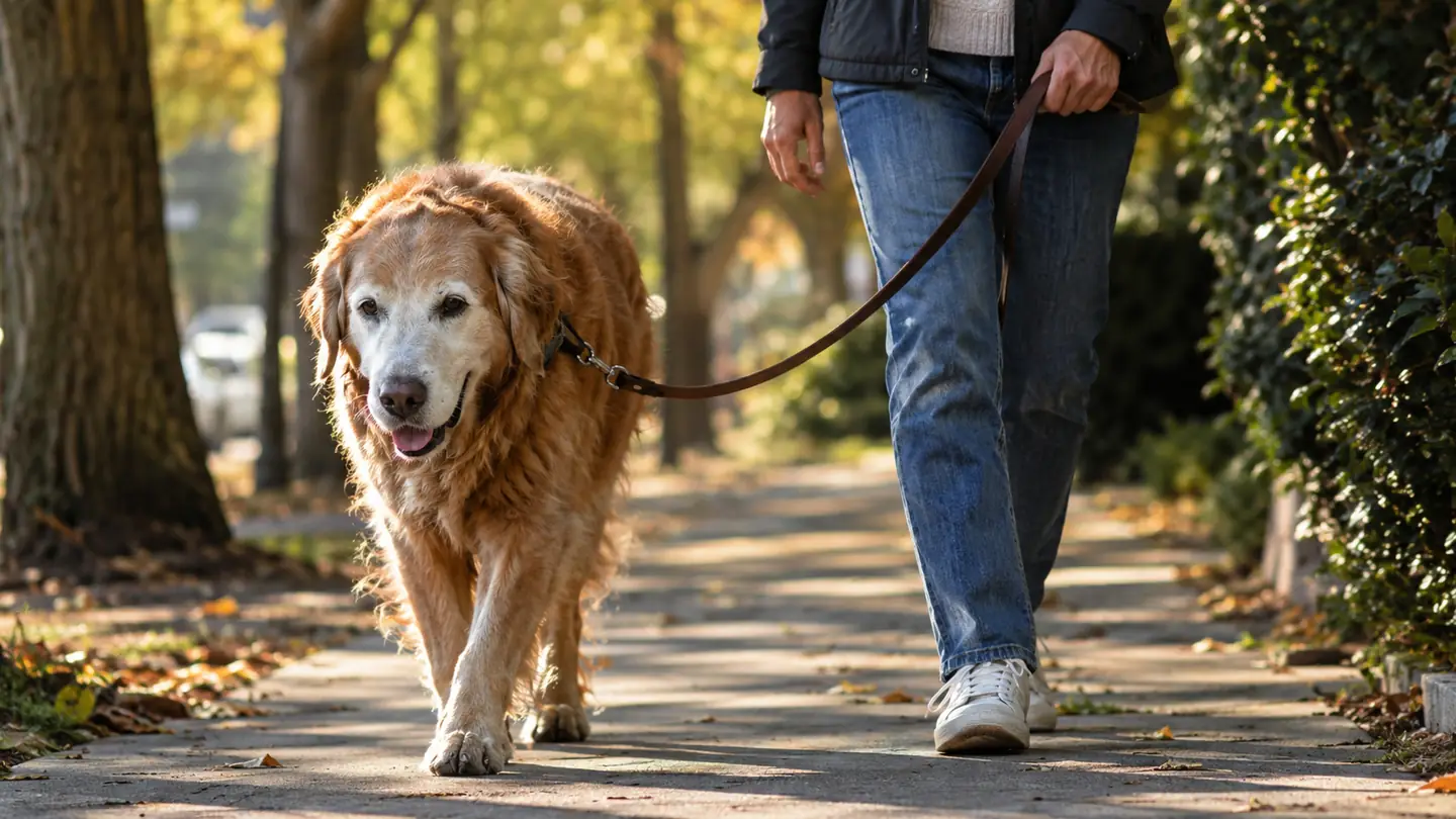 An older dog walking slowly on a leash along a tree-lined sidewalk in late afternoon light