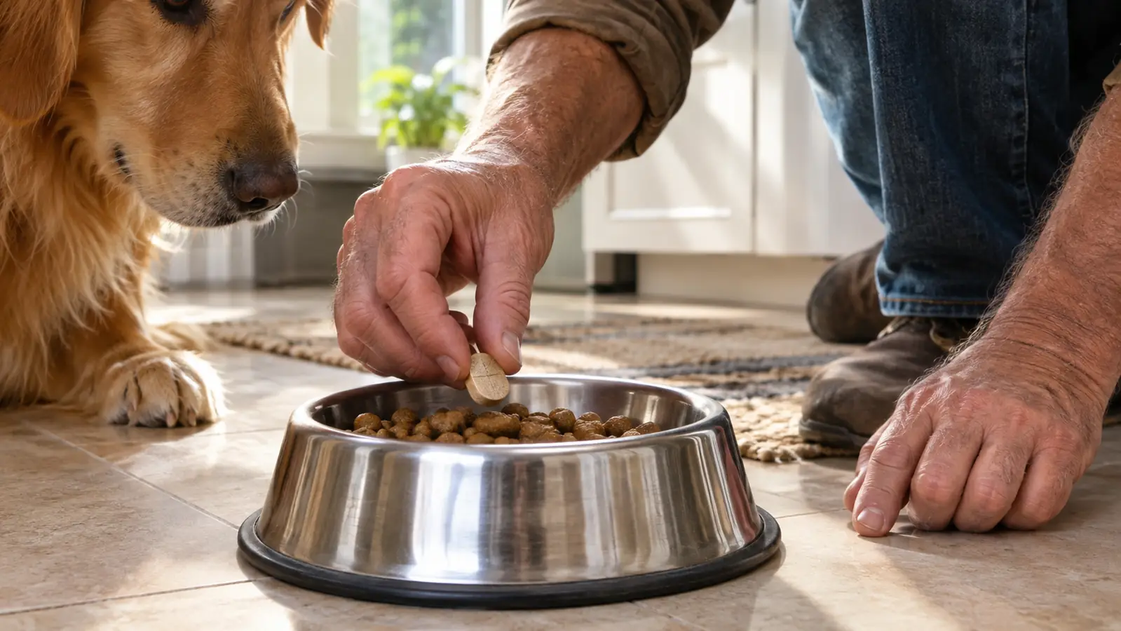 A hand placing a chewable tablet on top of a dog's breakfast kibble in a stainless steel bowl