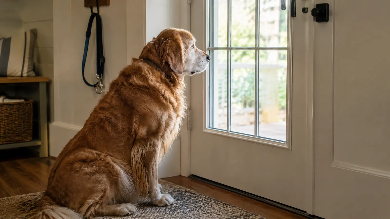 An older dog waiting patiently by the back door, leash hanging on a hook nearby