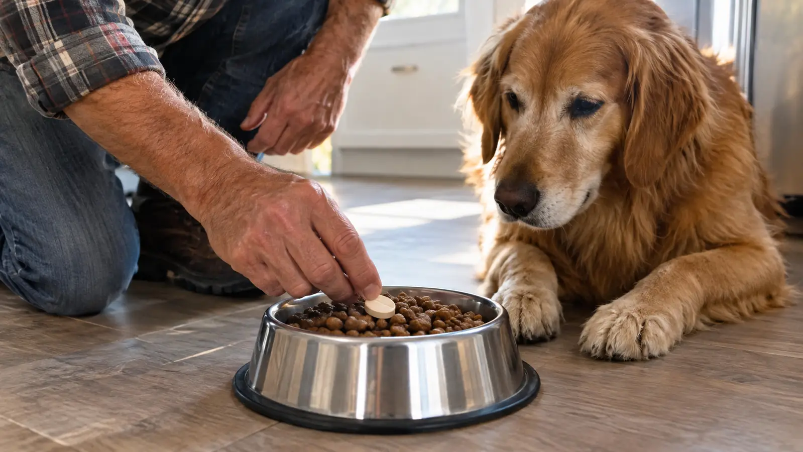 A hand placing a chewable tablet on top of a dog's food in a stainless steel bowl