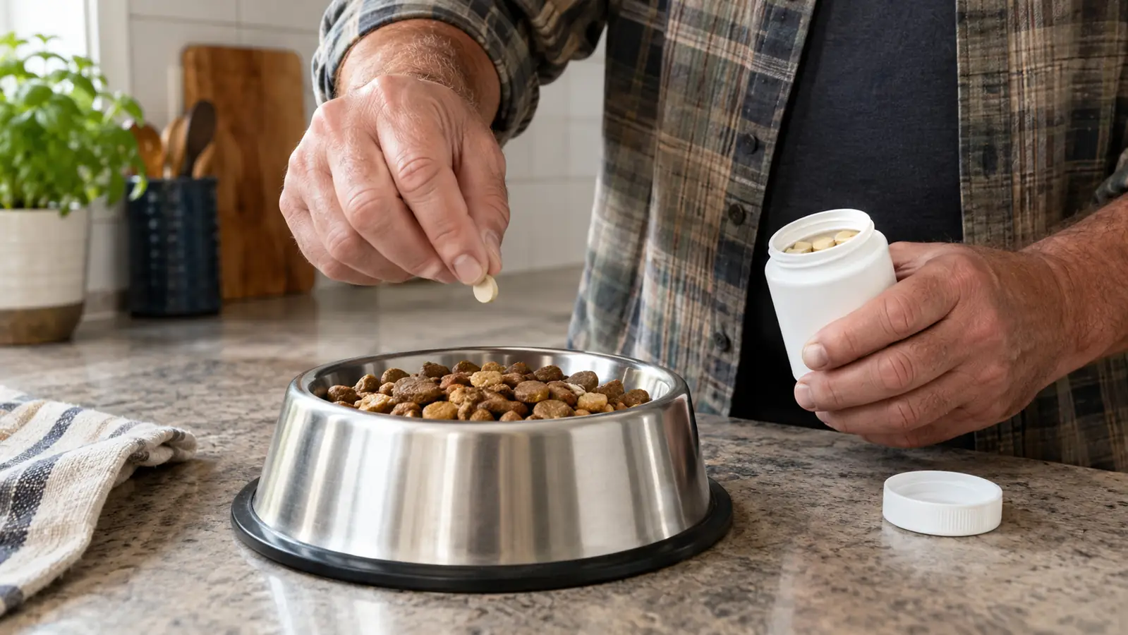 A hand sprinkling a chewable tablet on top of kibble in a stainless steel bowl