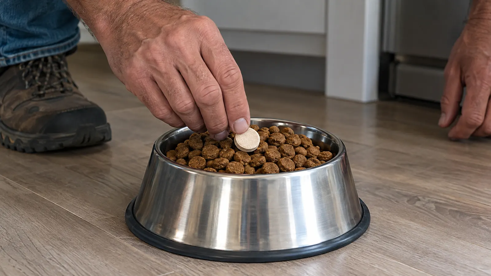 A hand placing a chewable tablet on top of kibble in a stainless steel dog bowl