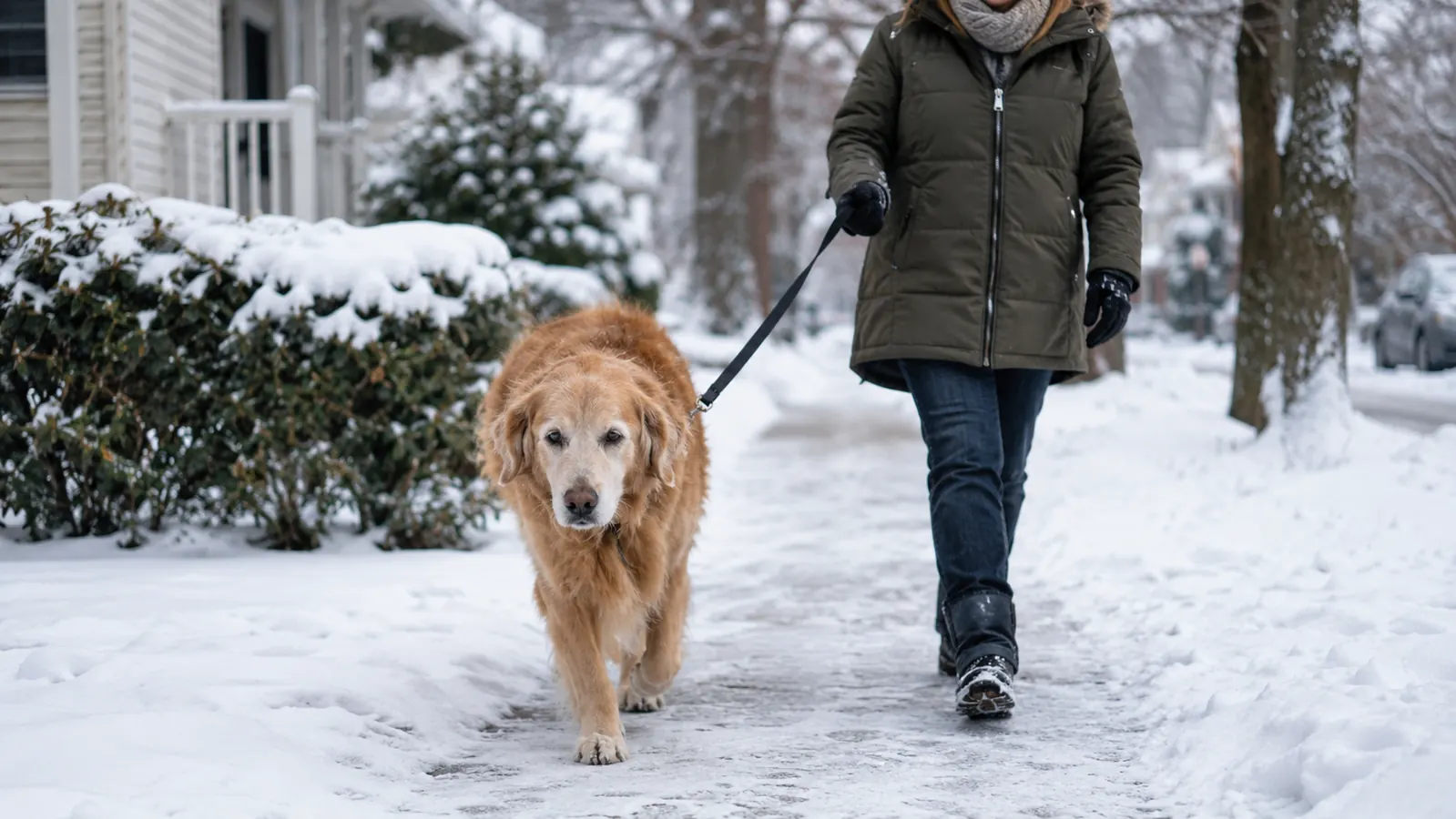 An older dog walking slowly on a leash down a snowy residential sidewalk