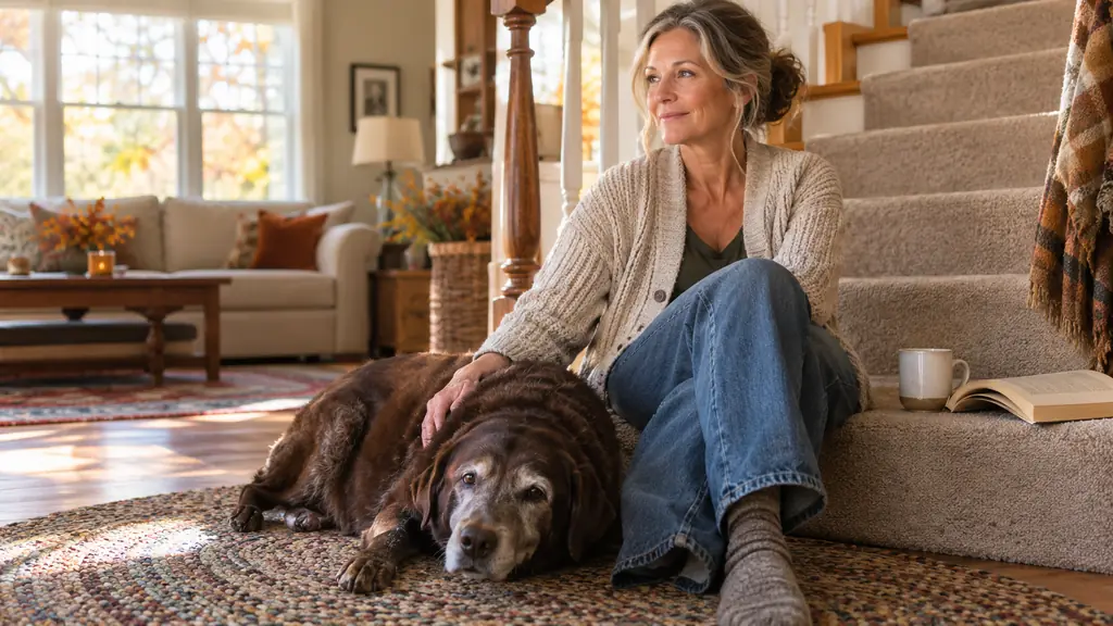 An older dog resting on a rug beside a staircase in a sunny living room while its owner sits nearby