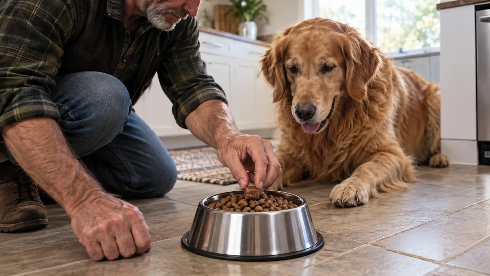 A hand placing a soft chew on top of a dog's breakfast kibble in a stainless steel bowl
