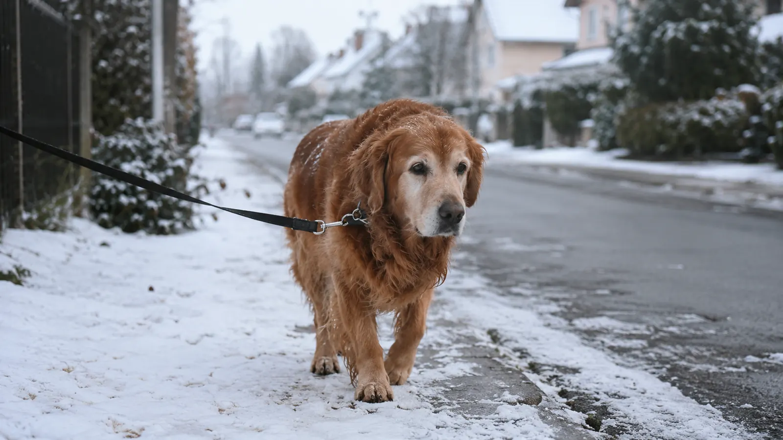 An older dog walking slowly on a leash down a quiet residential street in winter