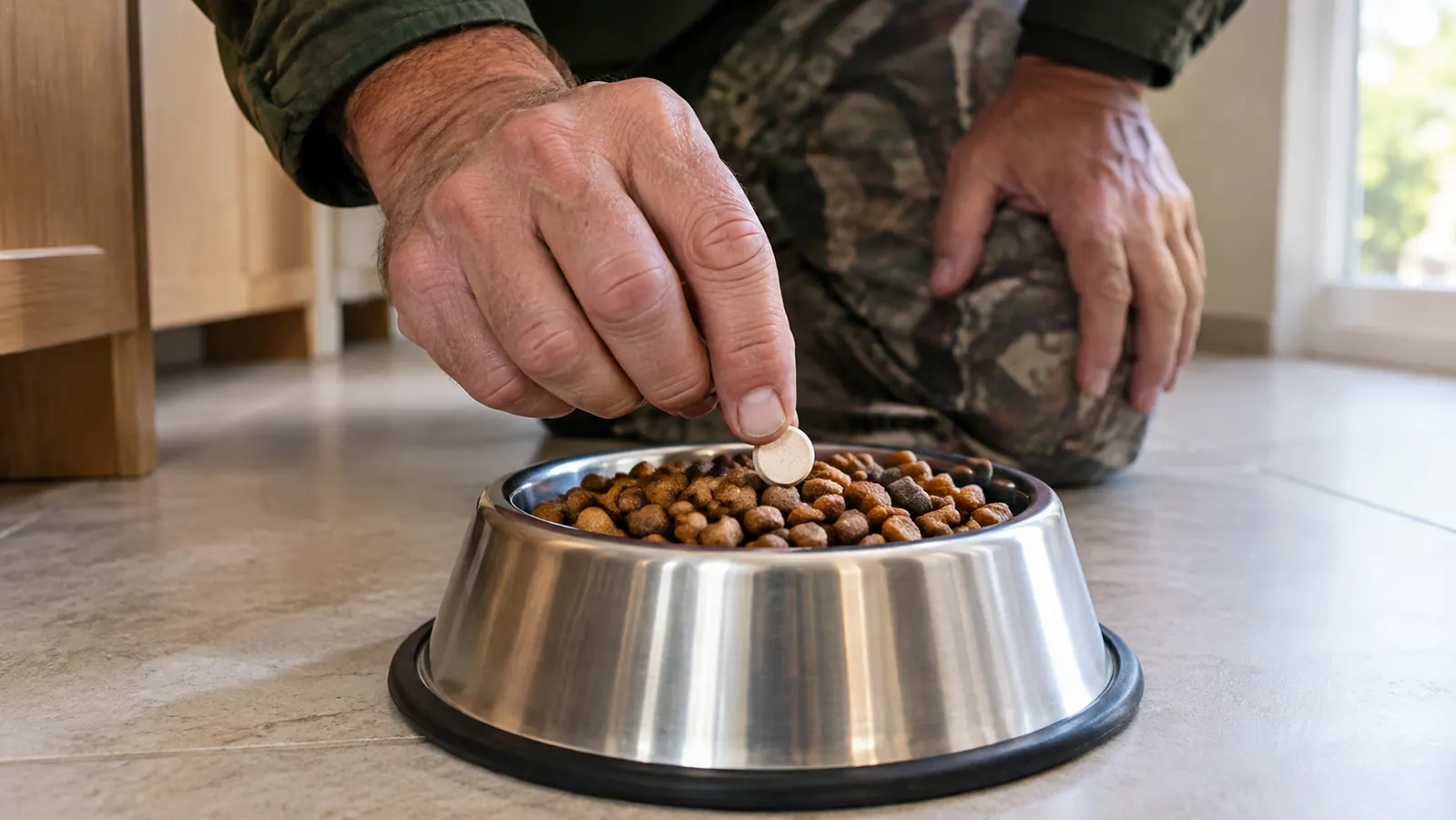 A hand placing a chewable tablet on top of kibble in a stainless steel dog bowl