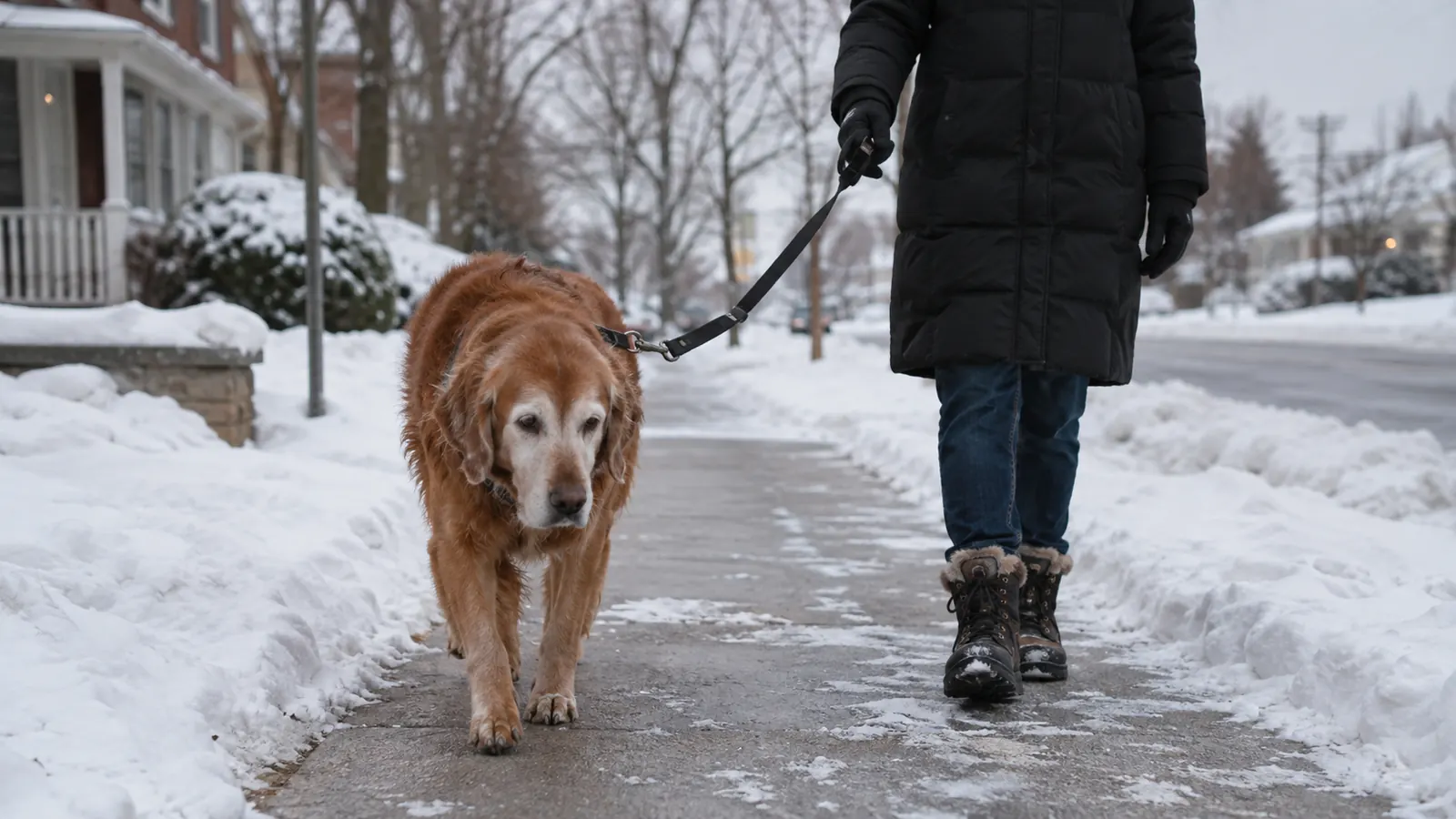An older dog walking slowly on a leash along a cleared snowy sidewalk in winter