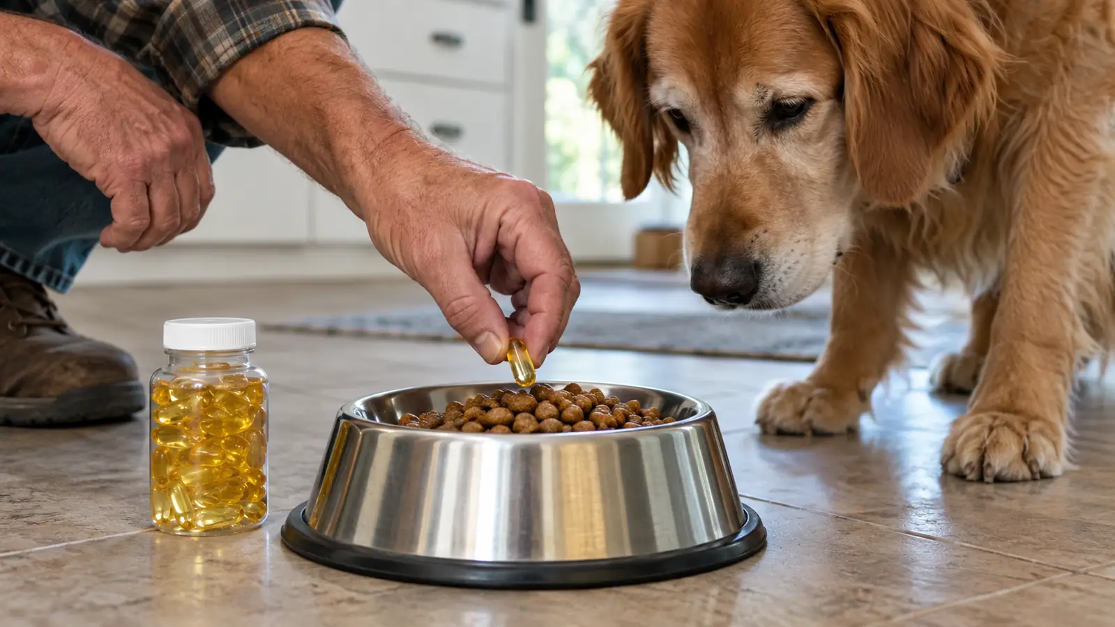A hand placing a fish oil softgel on top of a dog's kibble in a stainless steel bowl