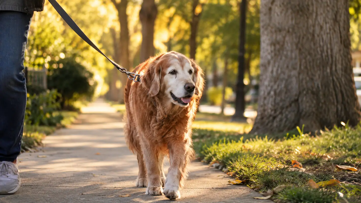 An older dog walking slowly on a leash down a tree-lined sidewalk in late afternoon light