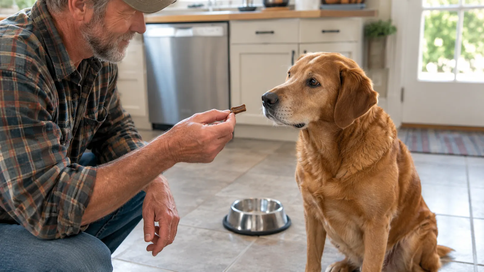 A hand offering a brown chew to a dog sitting patiently on a kitchen floor