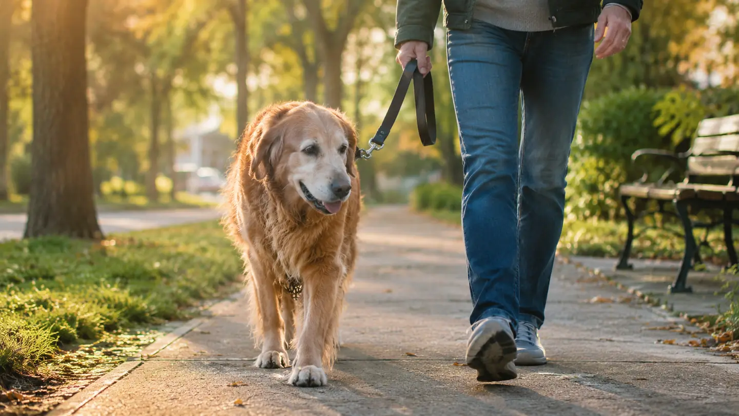 An older dog walking slowly on a leash along a tree-lined sidewalk in late afternoon light