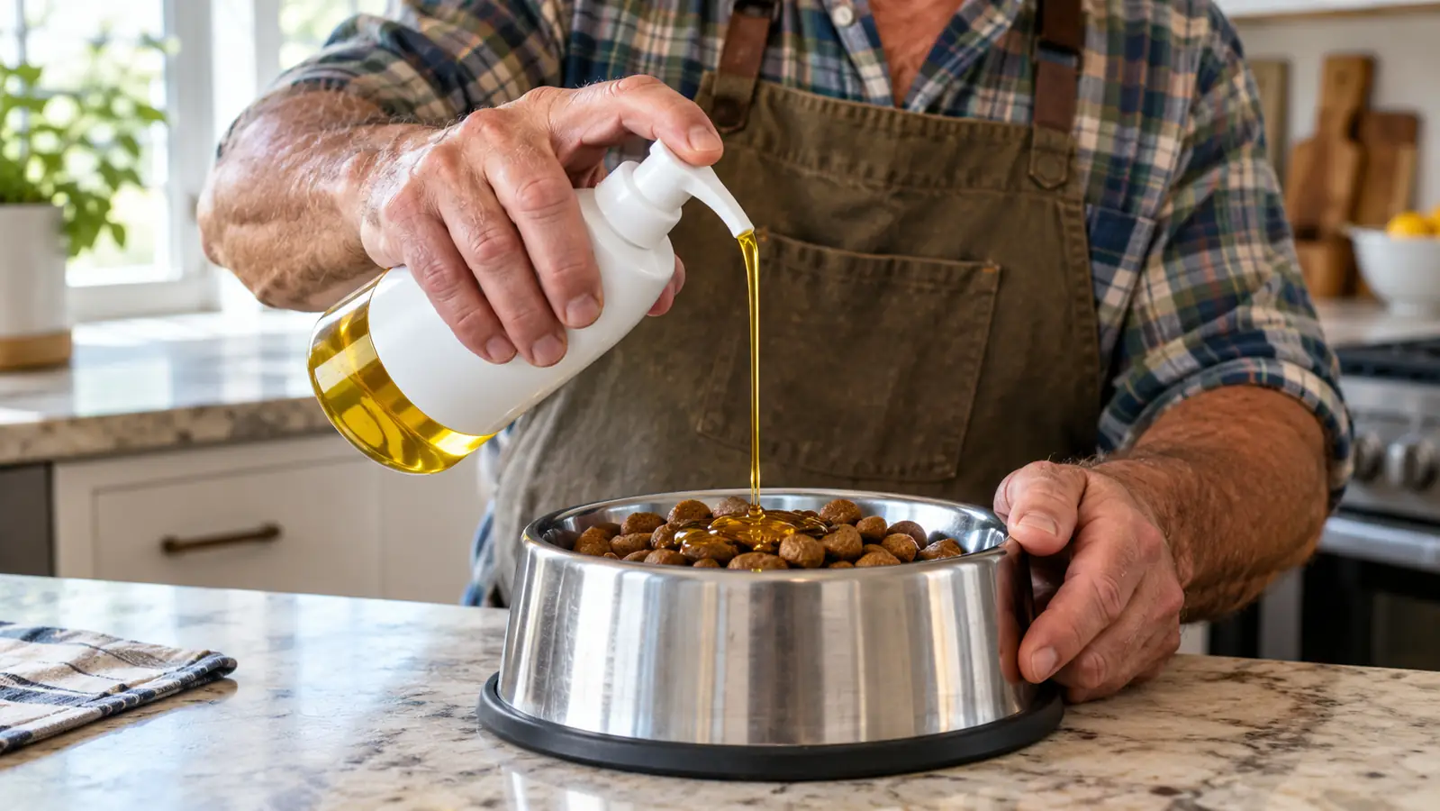A person's hand adding a pump of liquid supplement to a dog's bowl of kibble