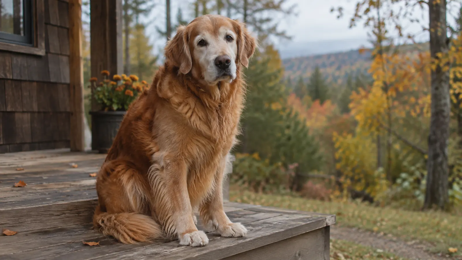 An older dog resting on a porch step on a cool morning, looking comfortable