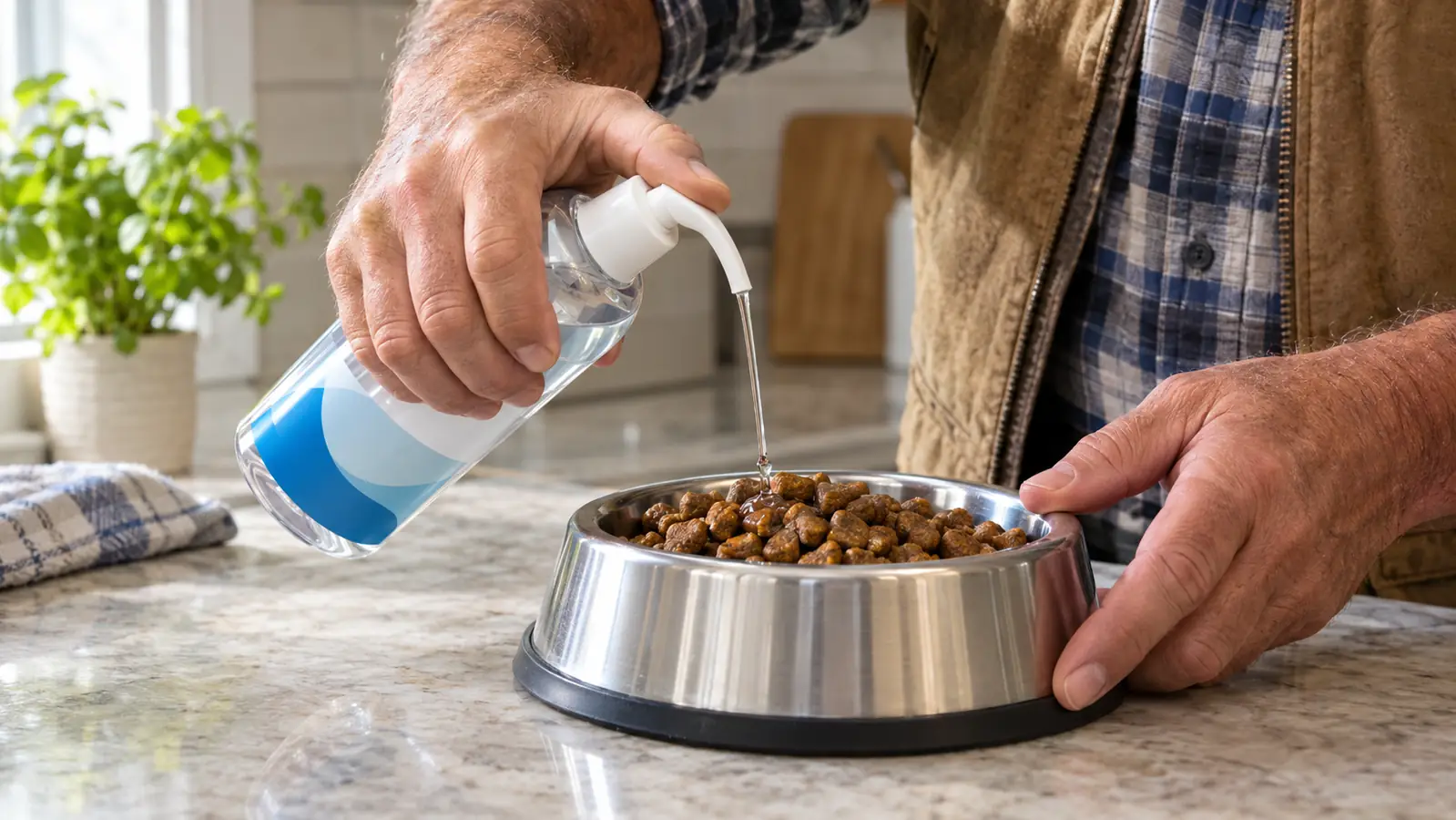 A hand adding a pump of clear liquid joint supplement to a dog's food bowl on a kitchen counter