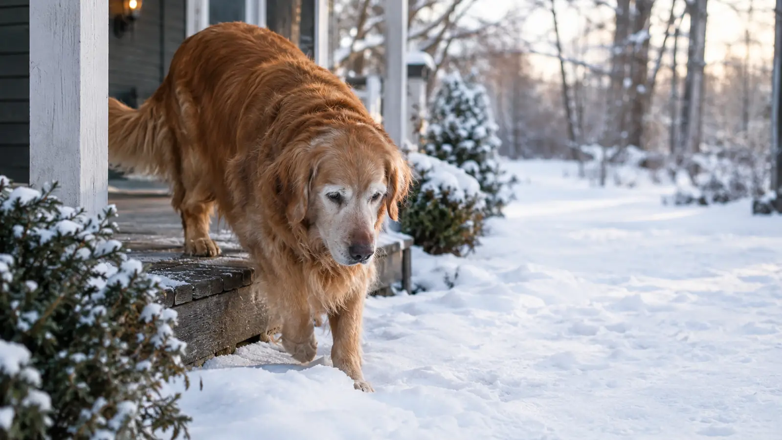 An older dog stepping down from a porch step onto a snowy path, mid-morning light