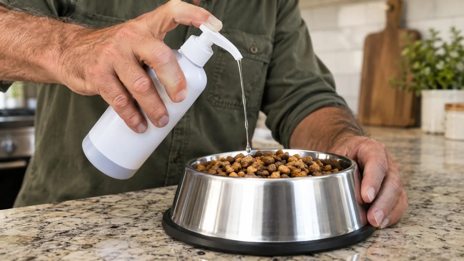 A hand squeezing a pump bottle of liquid joint supplement over a stainless steel dog bowl
