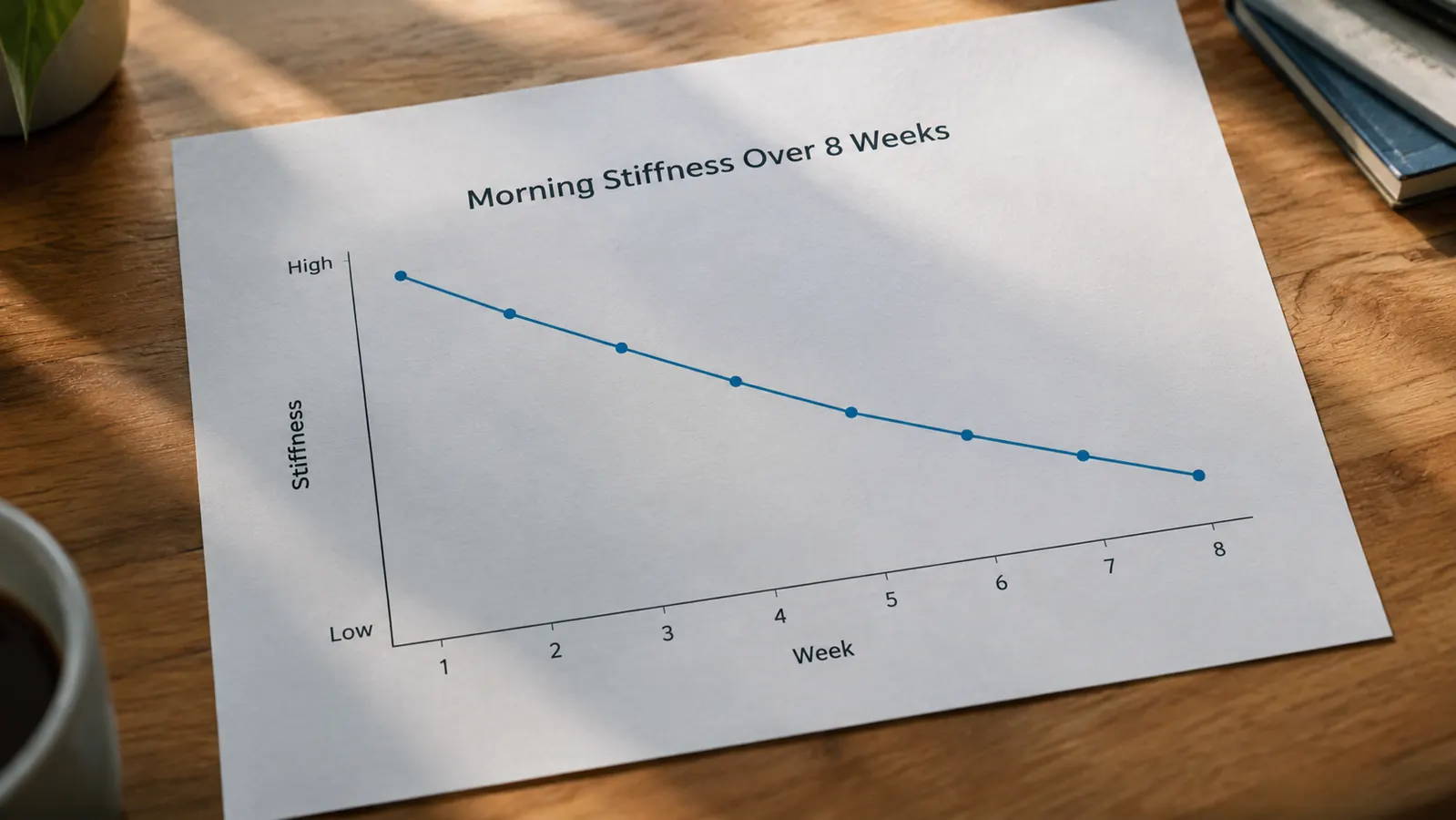 A chart showing a dog's morning stiffness score gradually improving over eight weeks