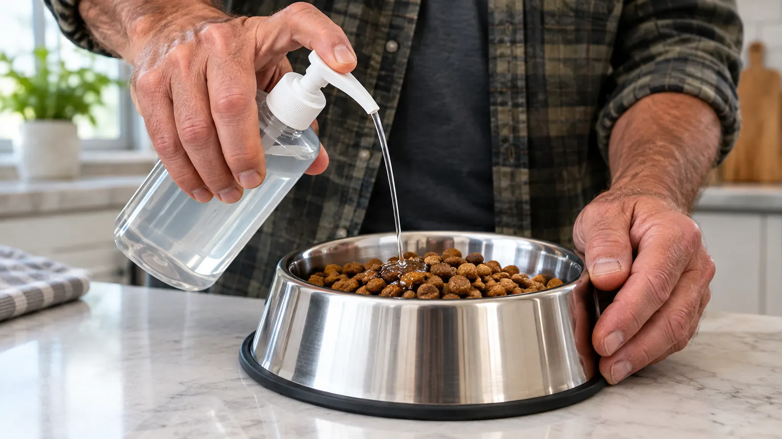 A hand using the pump on a bottle of LubriSyn HA to squirt clear liquid onto a dog's food bowl
