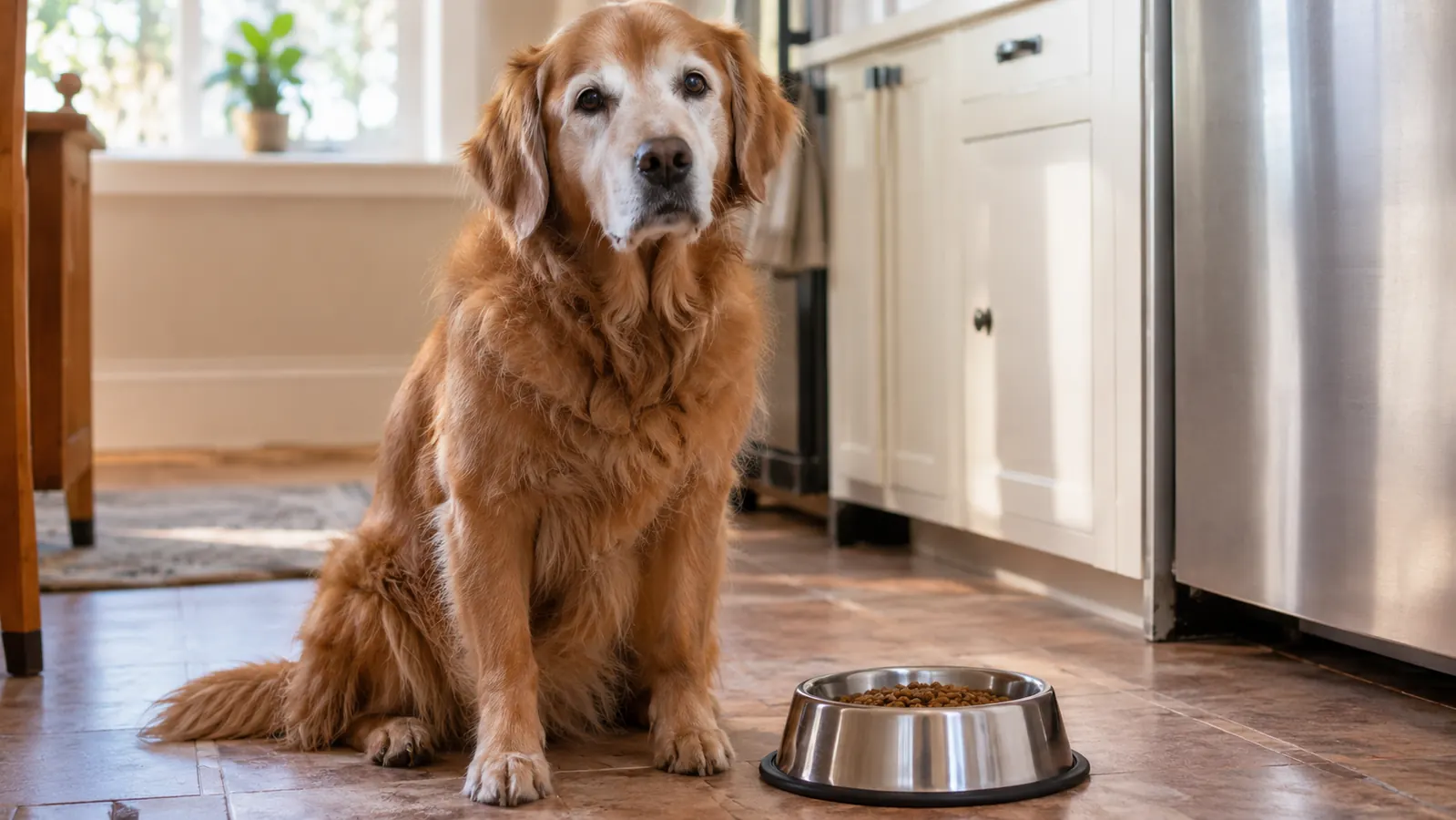 An older dog waiting patiently beside a food bowl on a kitchen floor