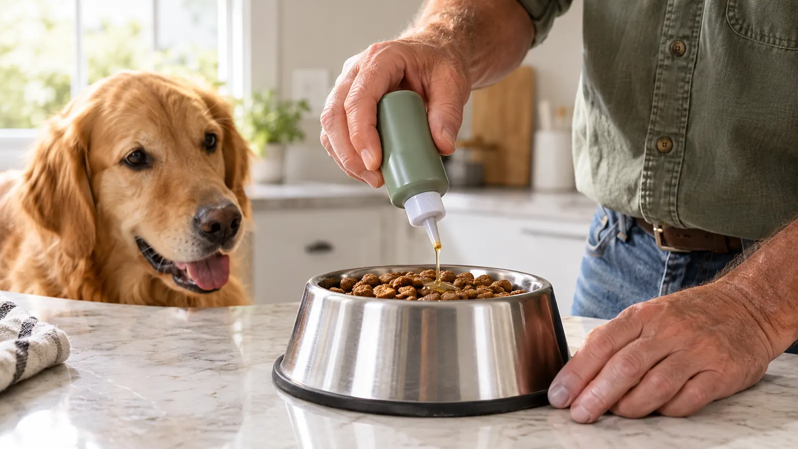 A hand adding a liquid supplement from a bottle to a stainless steel bowl of dog food on a kitchen counter.