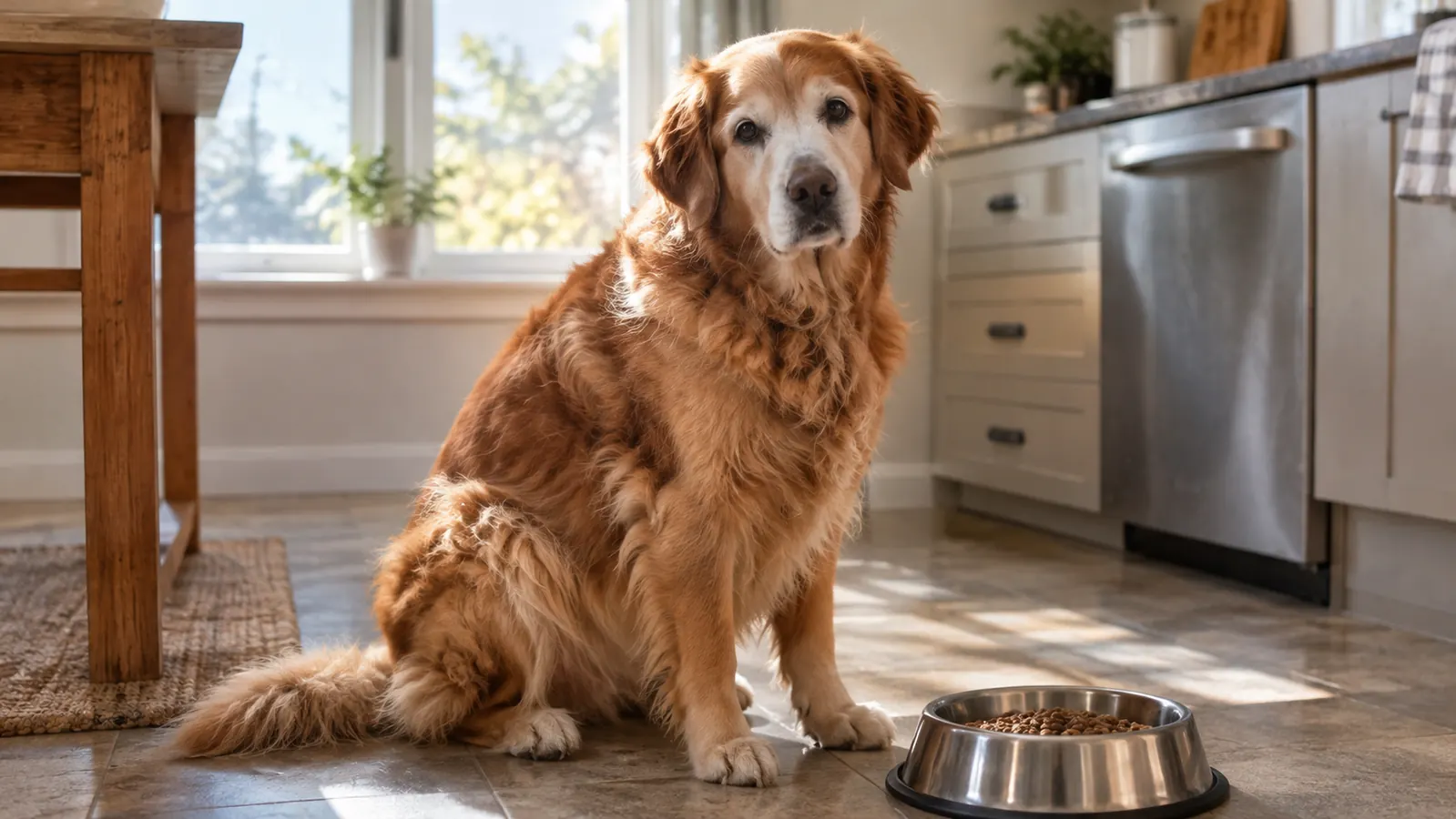An older large dog waiting patiently beside a food bowl on a kitchen floor in the morning.