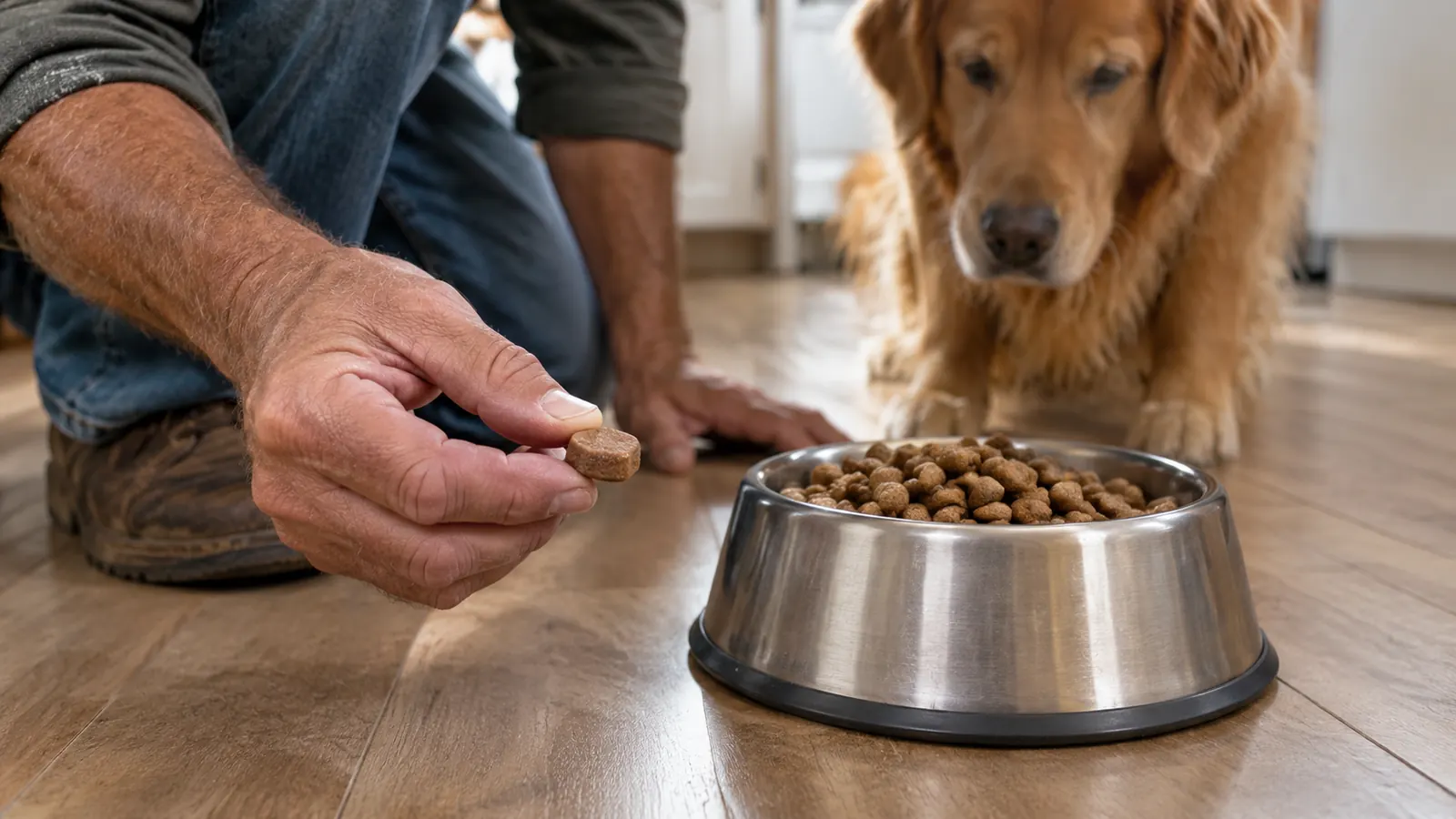A hand offering a supplement chew beside a stainless steel bowl of kibble on a kitchen floor