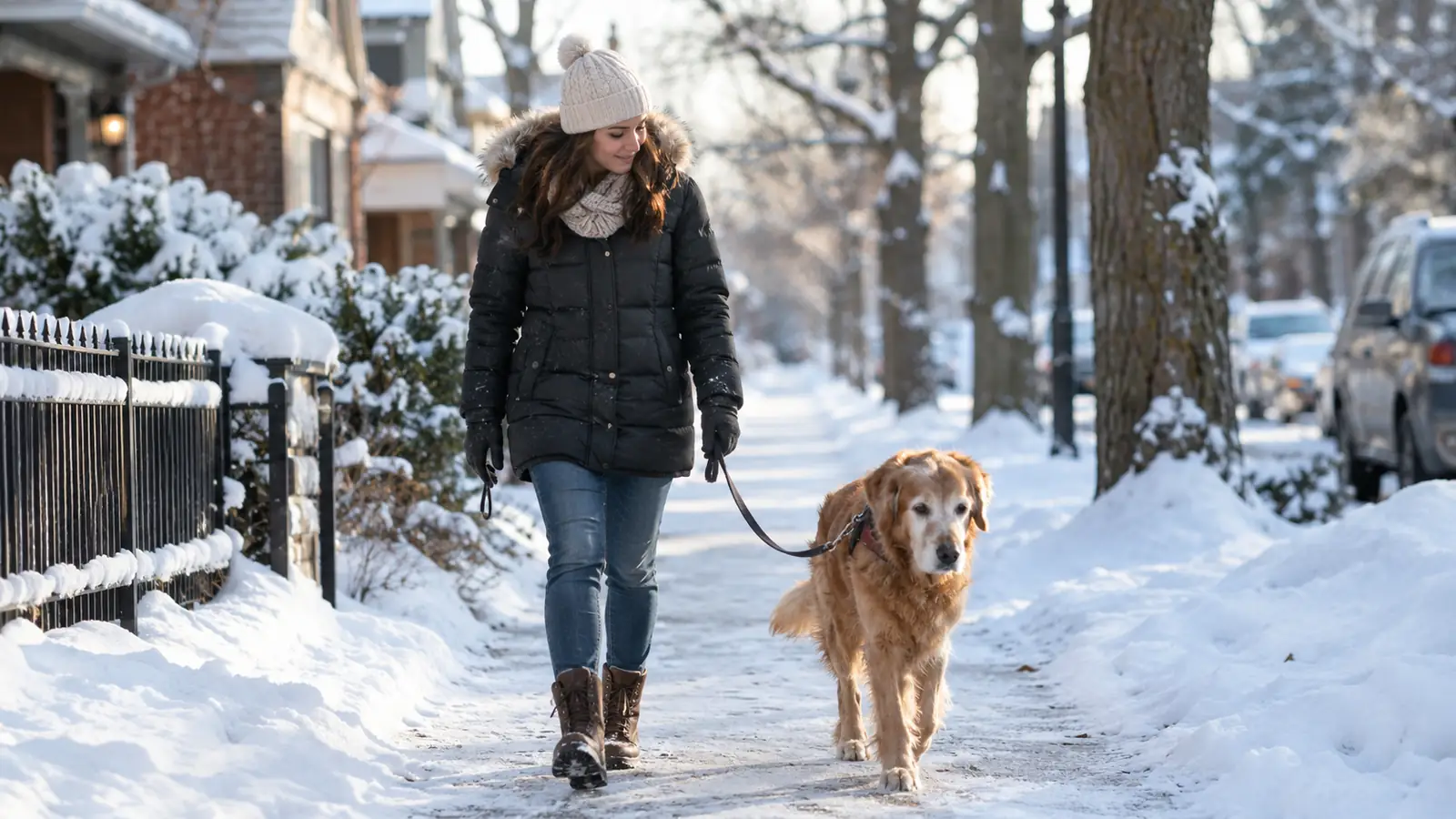An older dog walking on a snowy sidewalk beside a woman in a winter coat