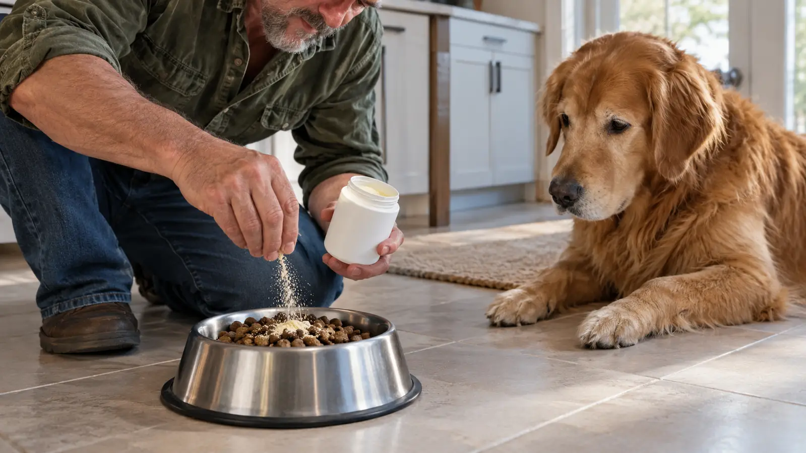 A hand sprinkling a chew supplement on top of kibble in a stainless steel bowl on a kitchen floor