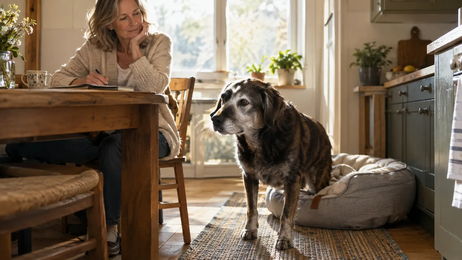 An older dog getting up from a dog bed in a sunny kitchen while its owner watches