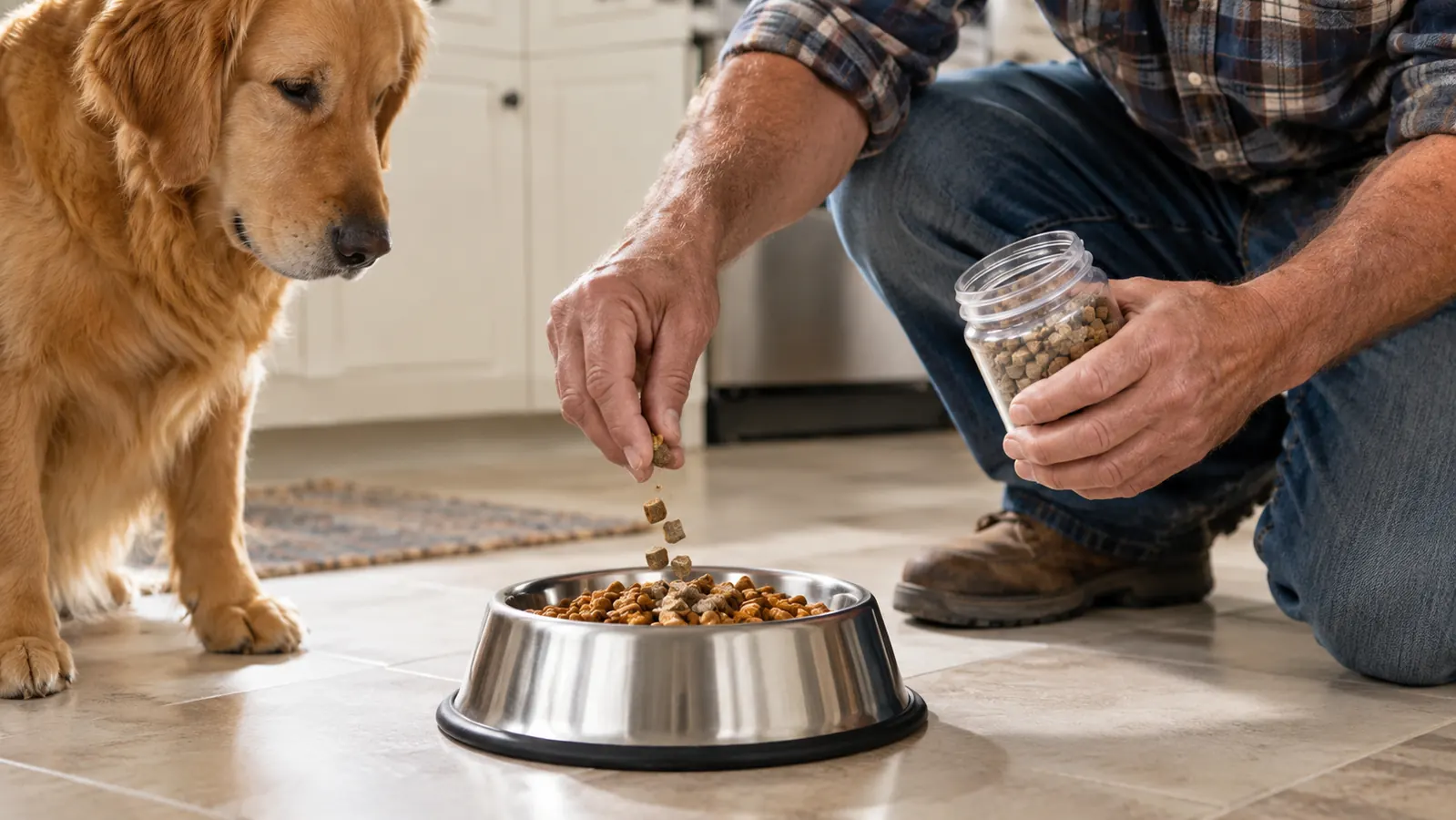 A hand sprinkling a supplement chew on top of kibble in a stainless steel dog bowl
