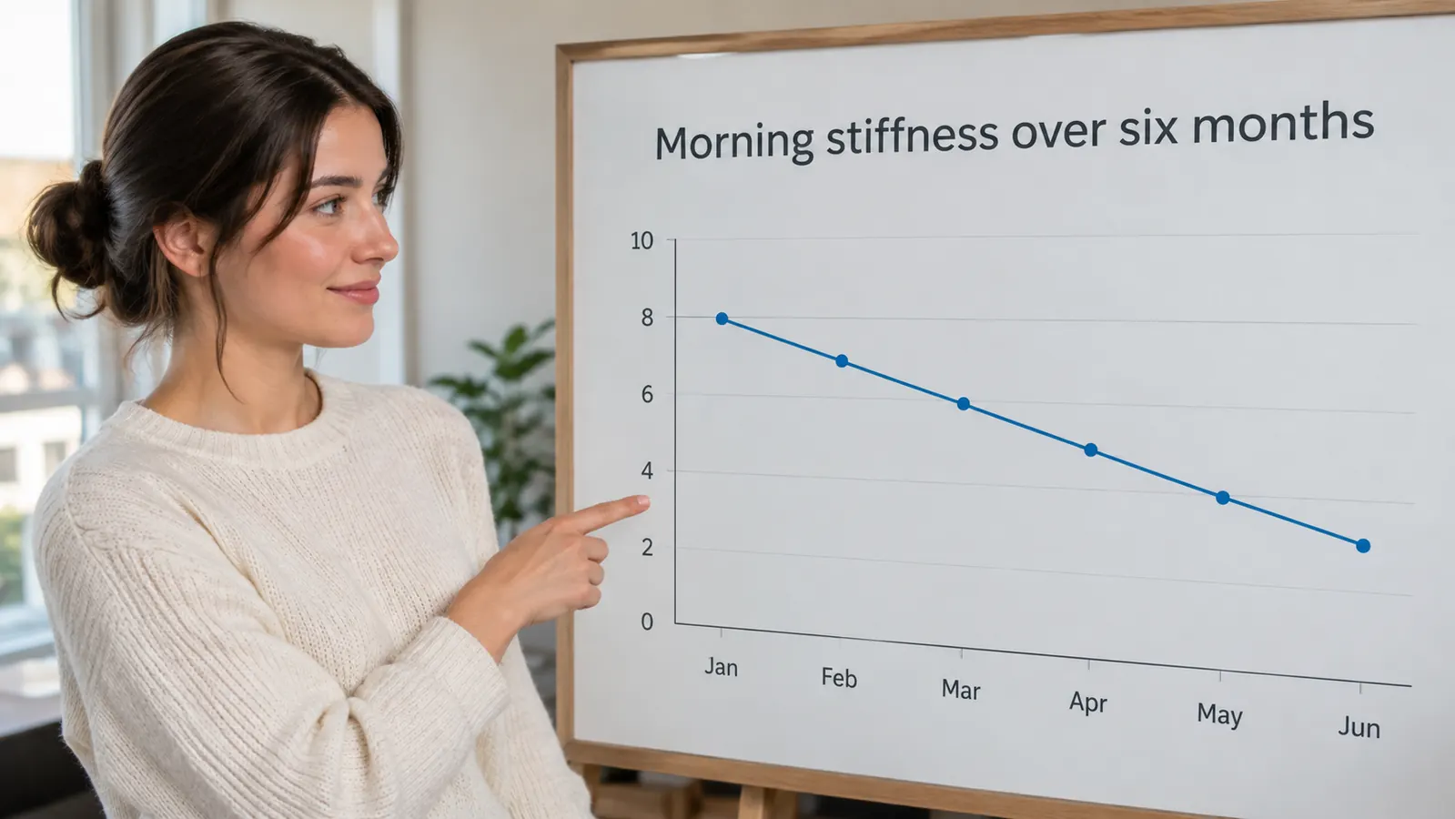 A simple line chart showing a dog's morning stiffness easing gradually over six months