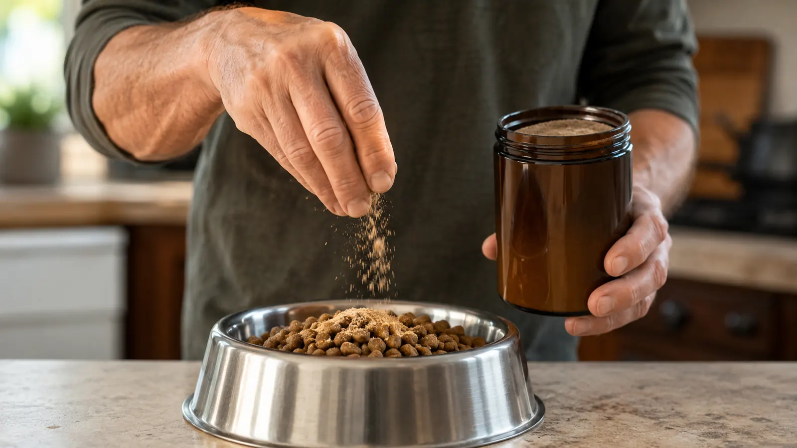 A hand sprinkling a chew supplement over kibble in a stainless steel dog bowl