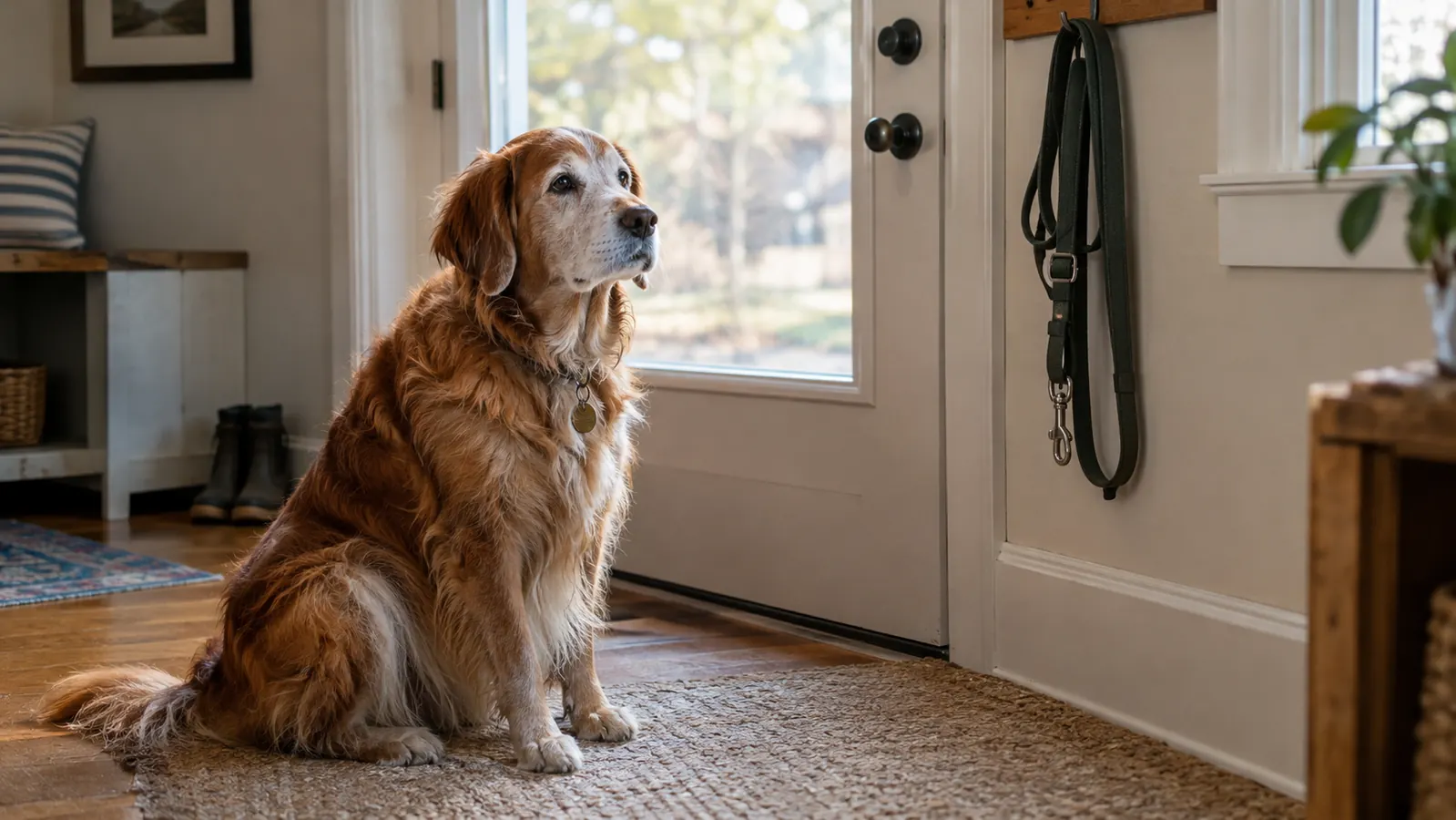 An older dog sitting patiently by the back door for a walk, leash hanging on a hook nearby