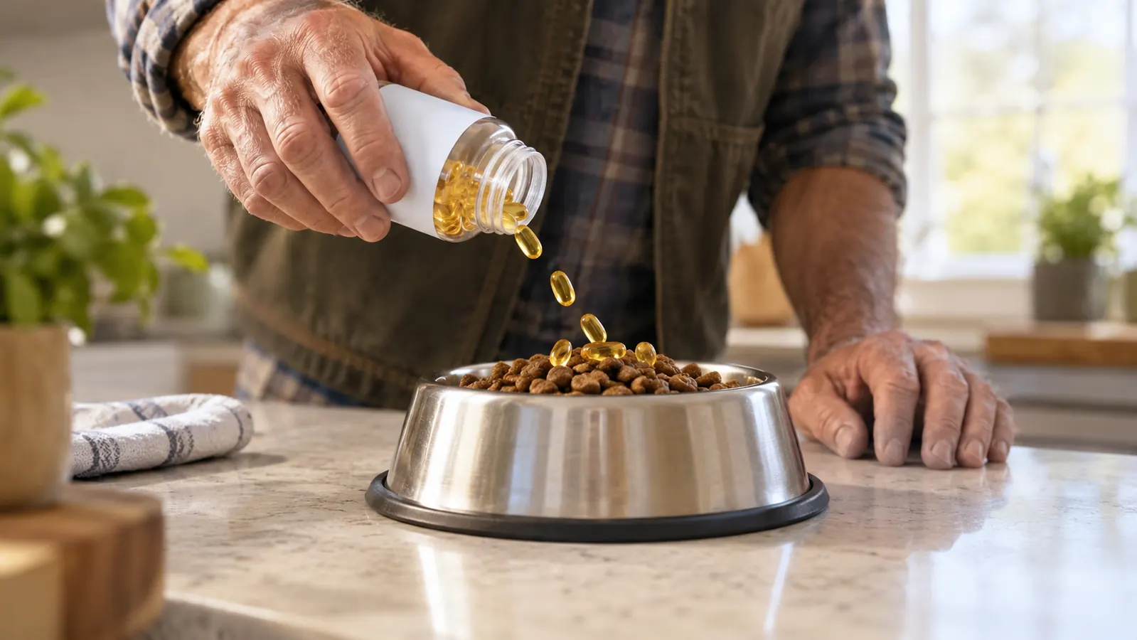 A person's hand sprinkling golden fish oil soft gels over kibble in a stainless steel dog bowl on a kitchen counter