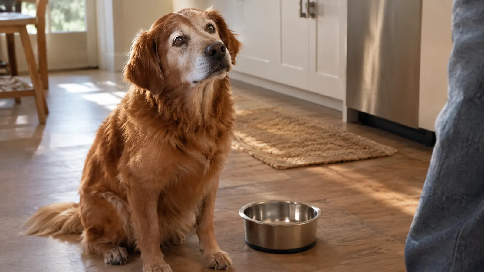 An older dog waiting patiently beside a food bowl on a kitchen floor, looking up at its owner