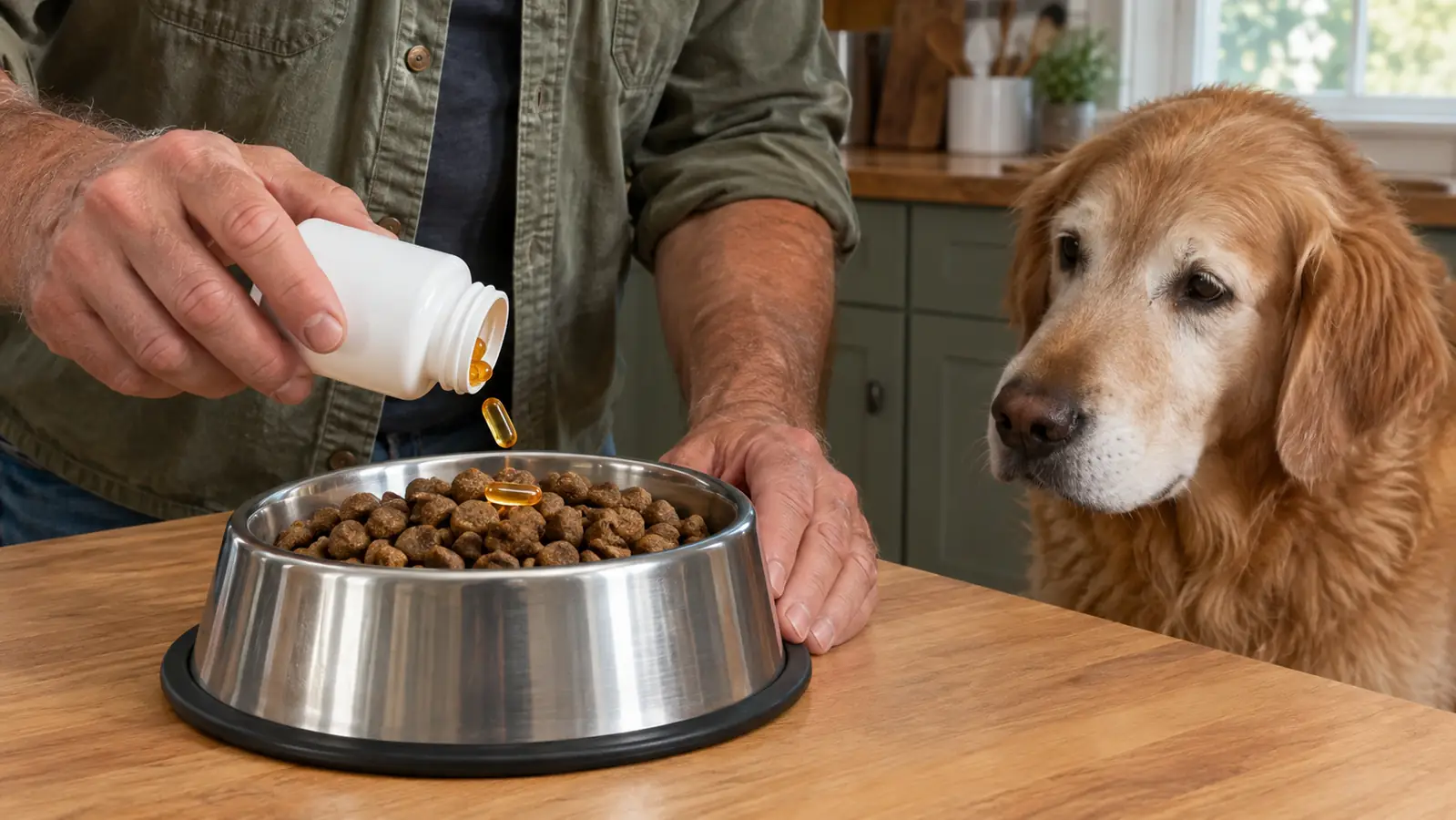 A hand adding a dog supplement to kibble in a stainless steel bowl while an older dog watches