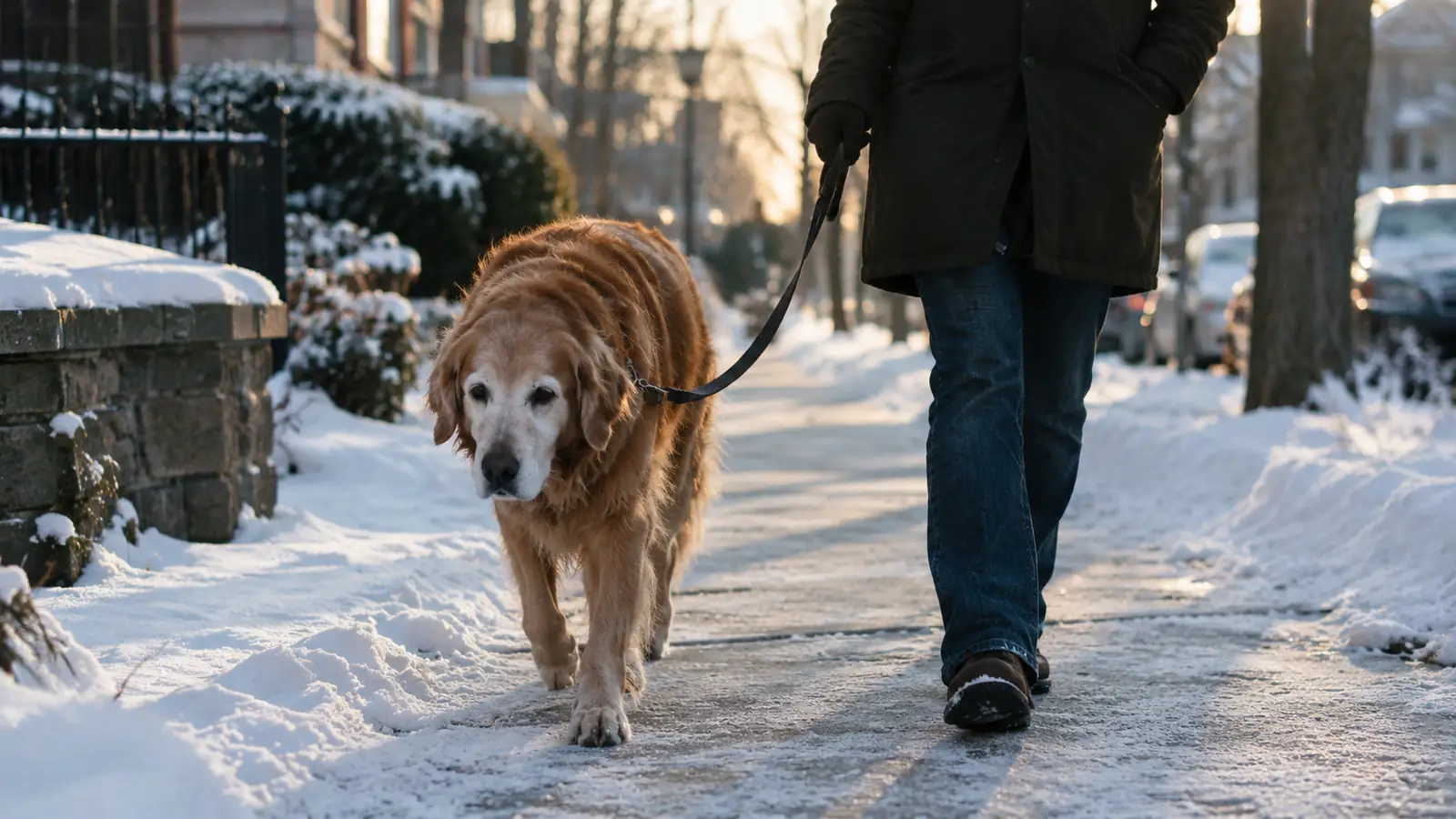An older dog on a gentle walk with a person on a snowy street