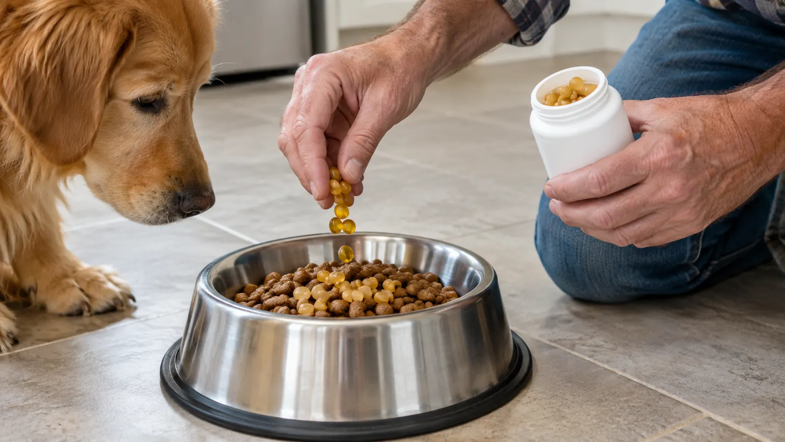 A hand placing fish oil softgels over kibble in a stainless steel dog bowl