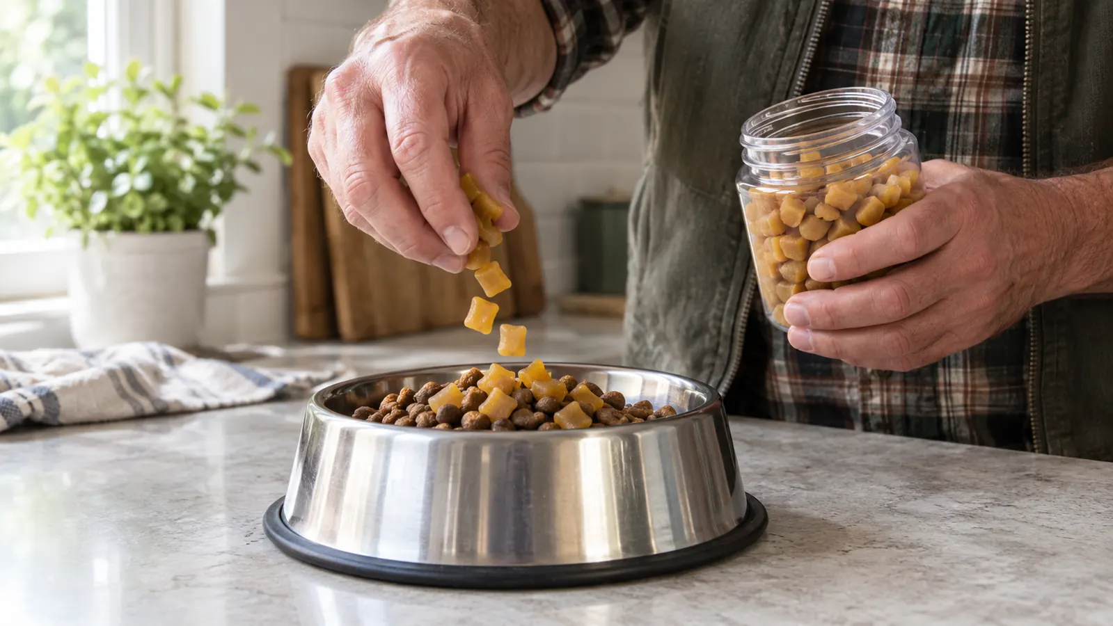 A hand placing fish oil softgels on top of kibble in a stainless steel bowl on a kitchen counter