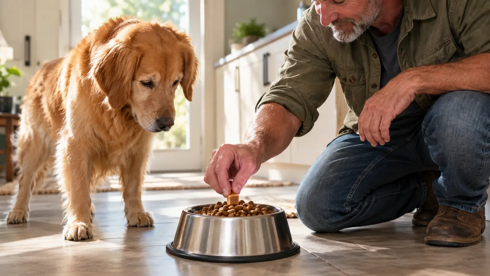 A person's hand placing a soft chew on top of a dog's breakfast kibble in a stainless steel bowl
